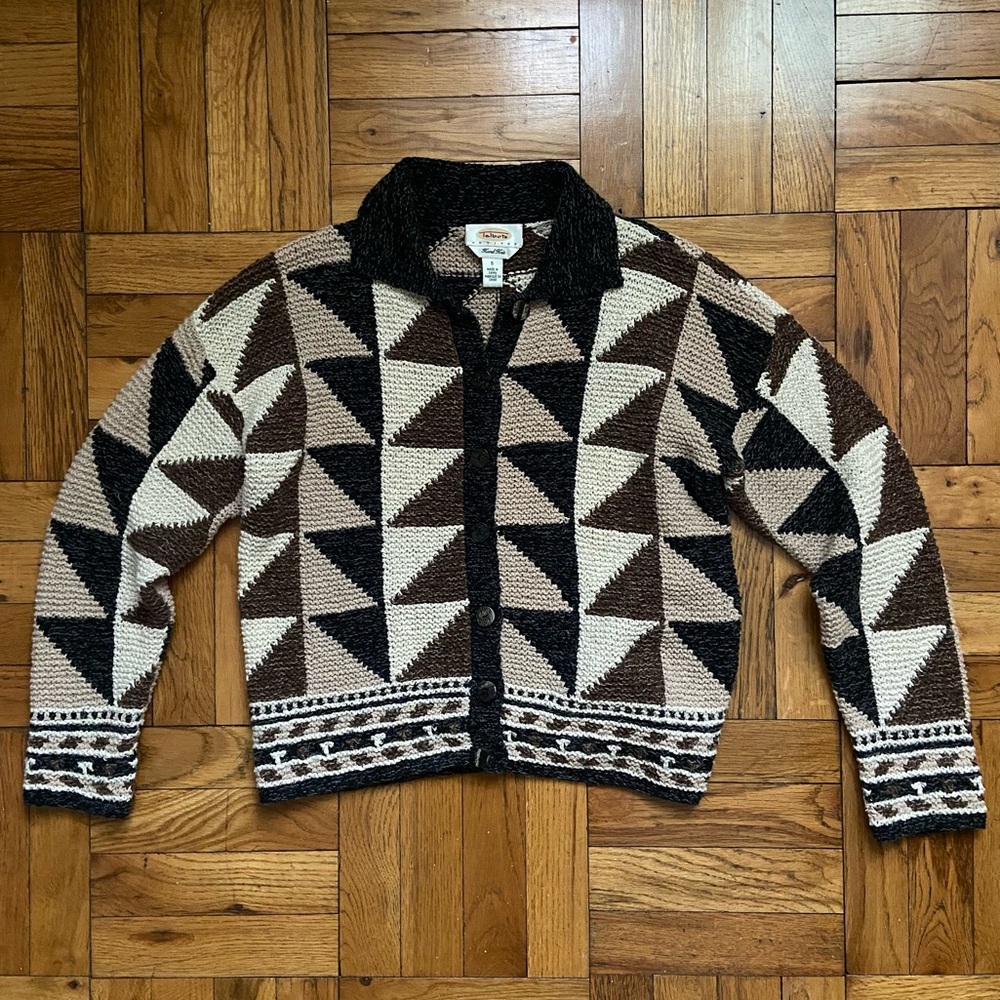 Talbots Vintage Hand Knit Tan Patterned Collared Cardigan Sweater - Small